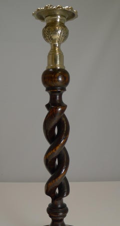 Pair of Solid Oak Open Barley Twist Candlesticks, Brass Tops