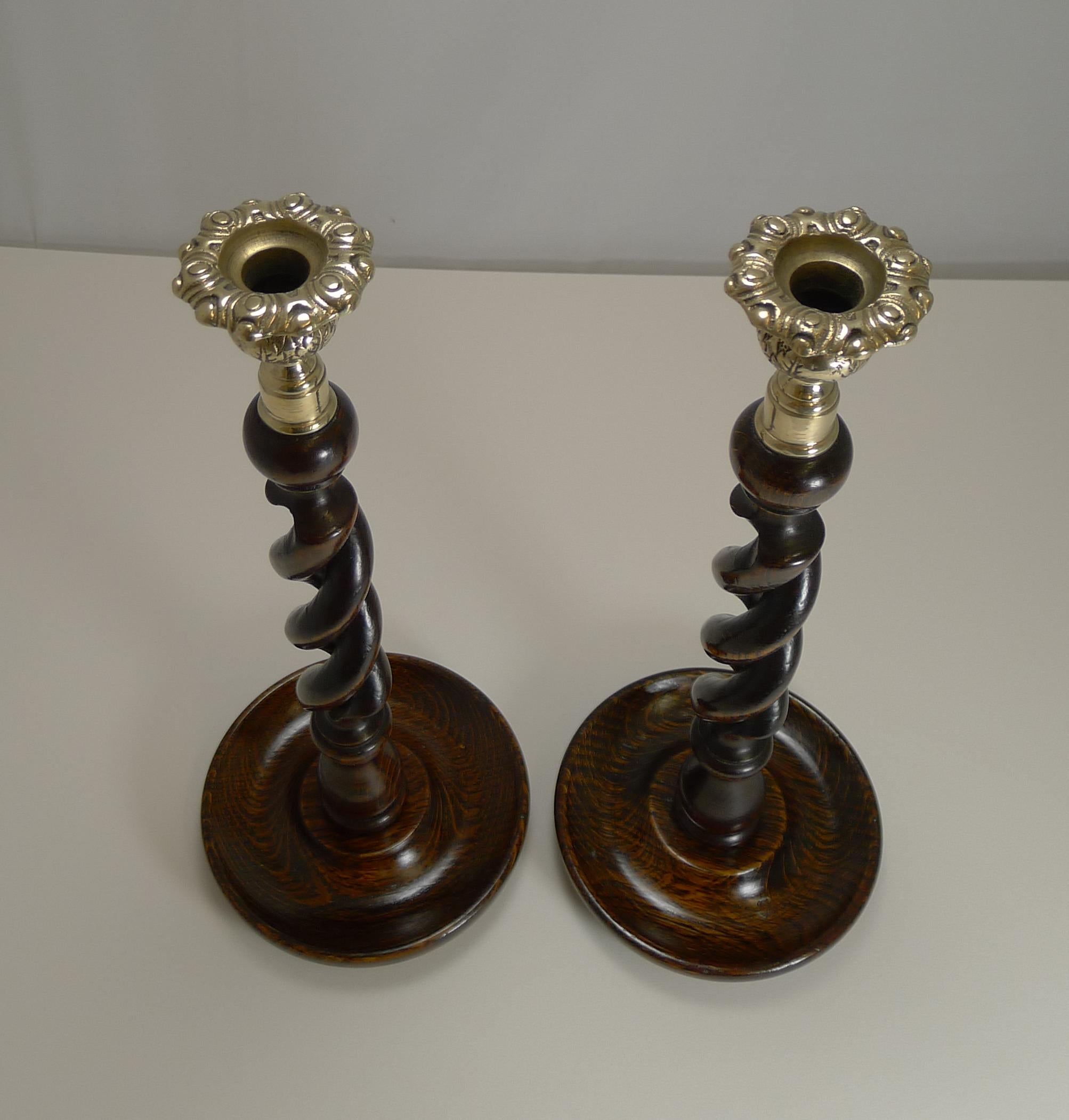 Pair of Solid Oak Open Barley Twist Candlesticks, Brass Tops In Good Condition In Bath, GB