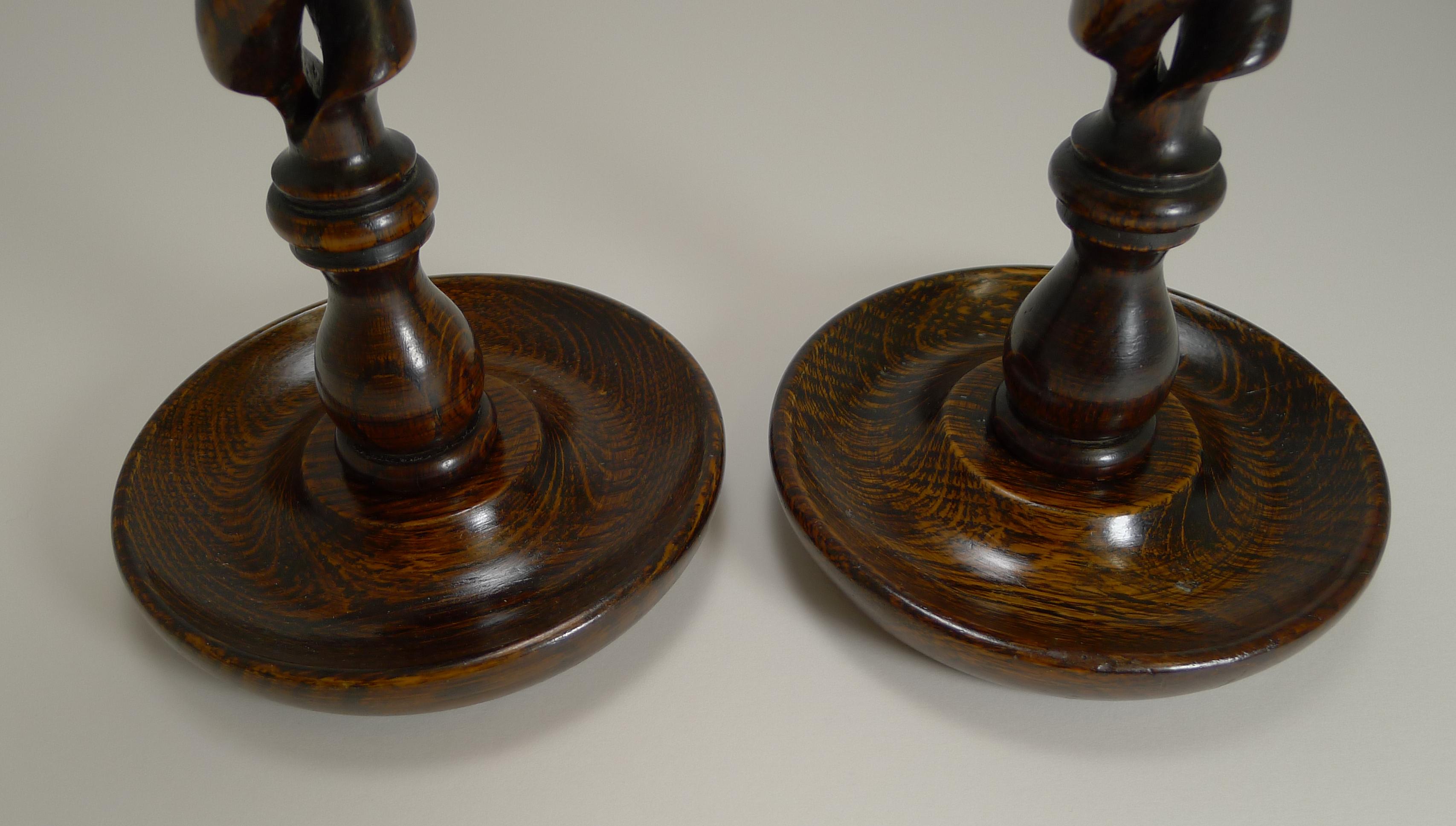 Early 20th Century Pair of Solid Oak Open Barley Twist Candlesticks, Brass Tops
