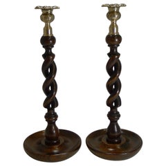 Antique Pair of Solid Oak Open Barley Twist Candlesticks, Brass Tops