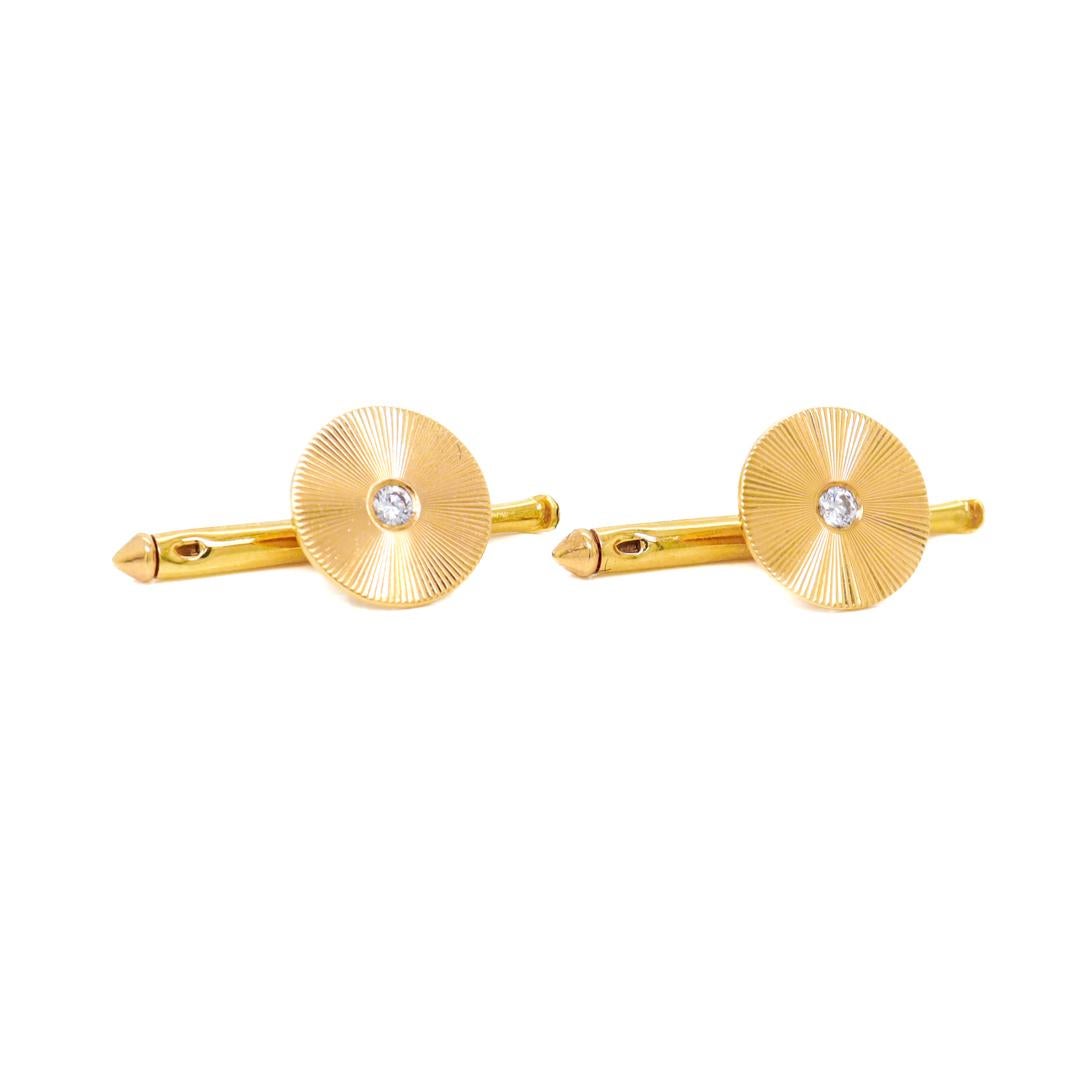 Single Cut Pair 14k Gold & Diamond Tiffany & Co Mid-Century Round Collar Studs or Buttons