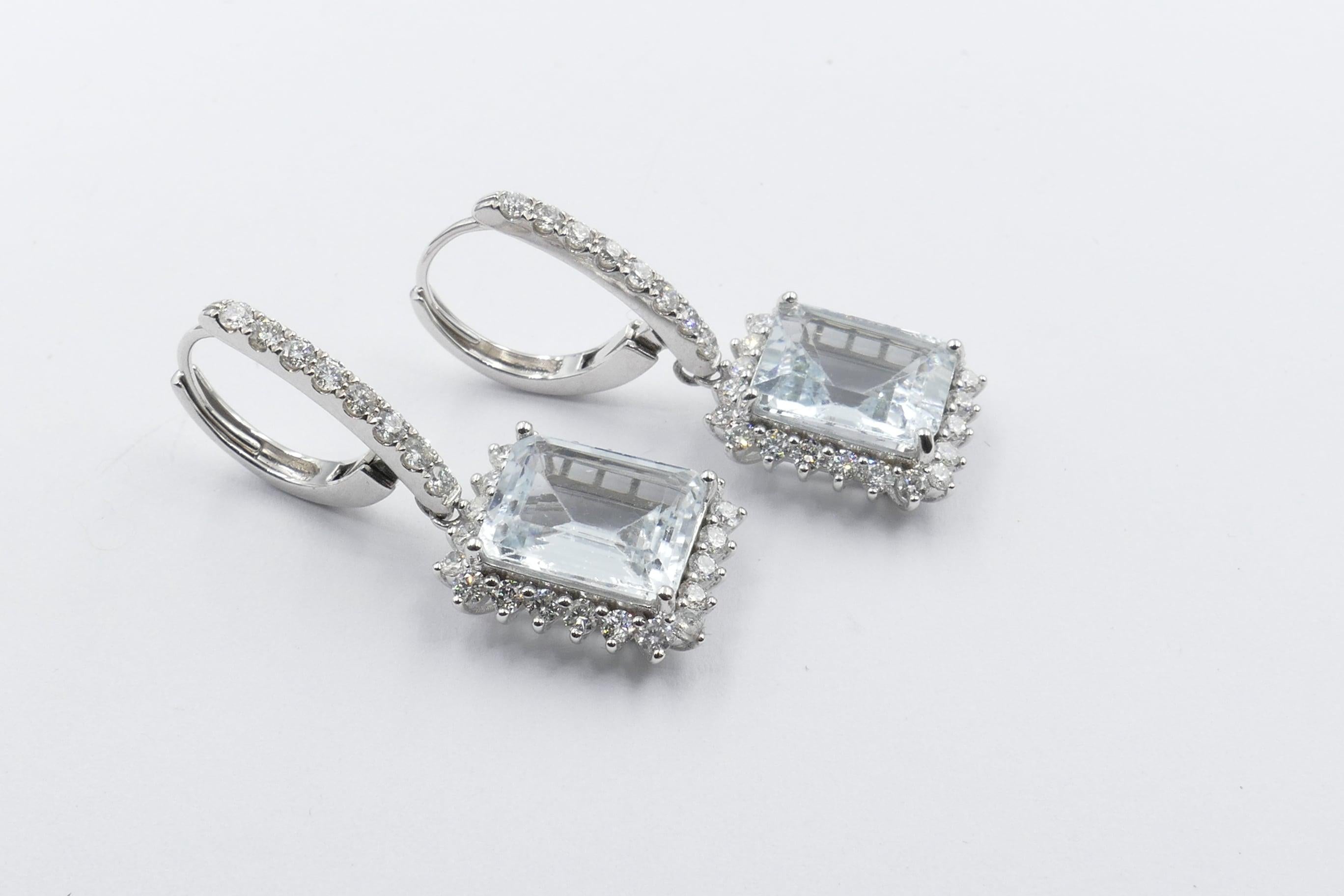 Emerald Cut Pair of 14 Karat White Gold Aquamarine and Diamond Earrings