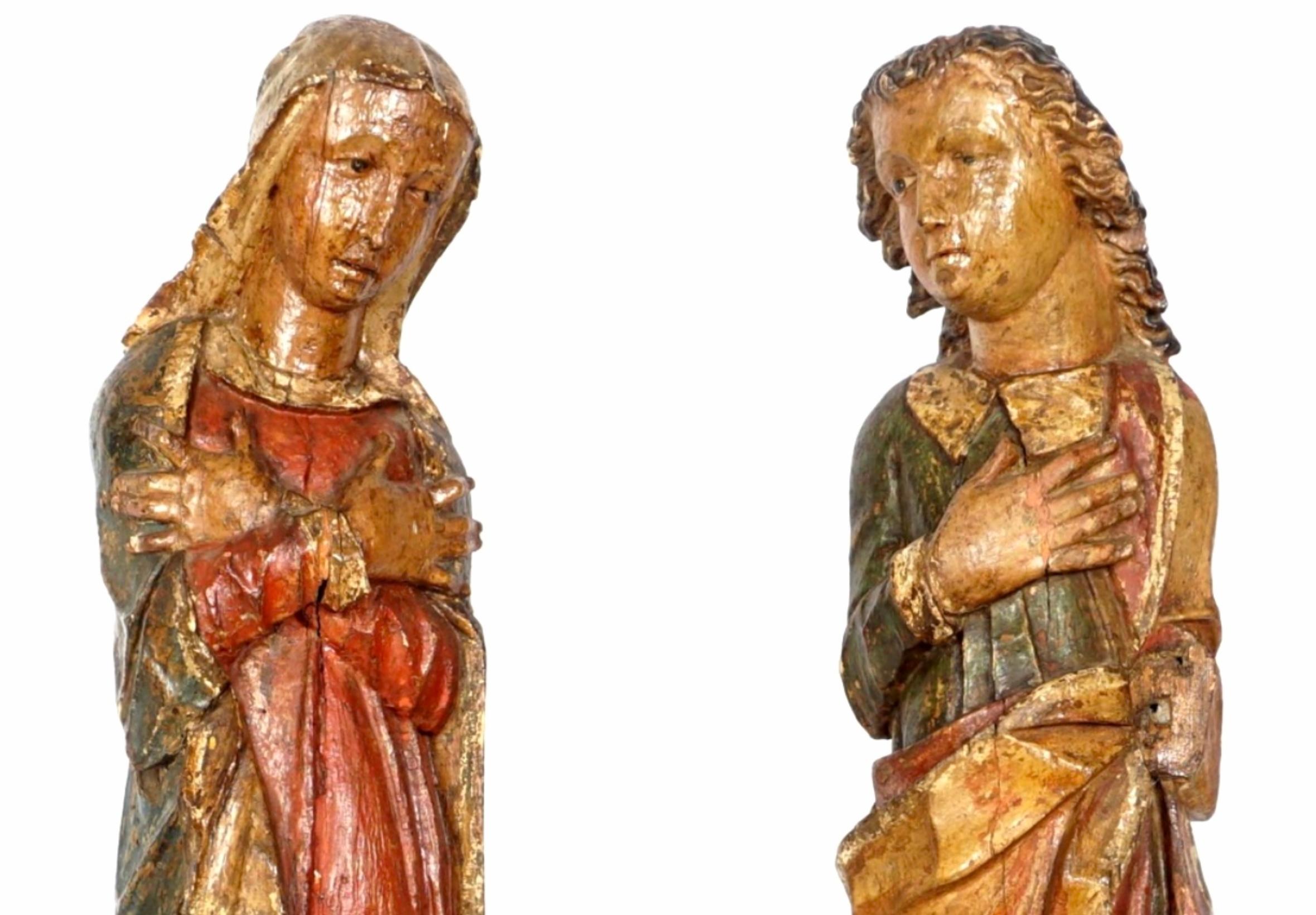 Pair 16th Century Carved Polychrome Figures Virgin Mary and St-John 8