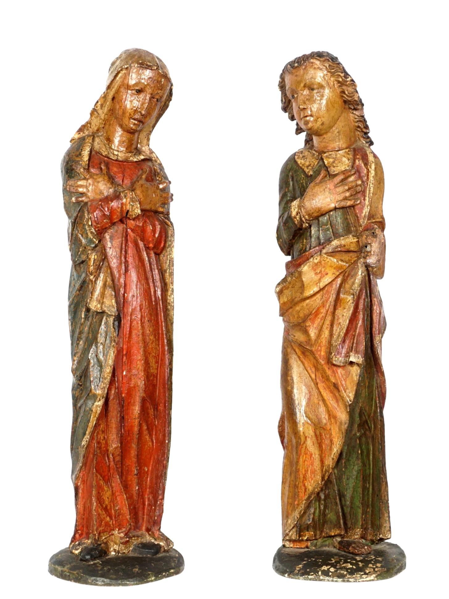 Pair 16th Century Carved Polychrome Figures Virgin Mary and St-John 10