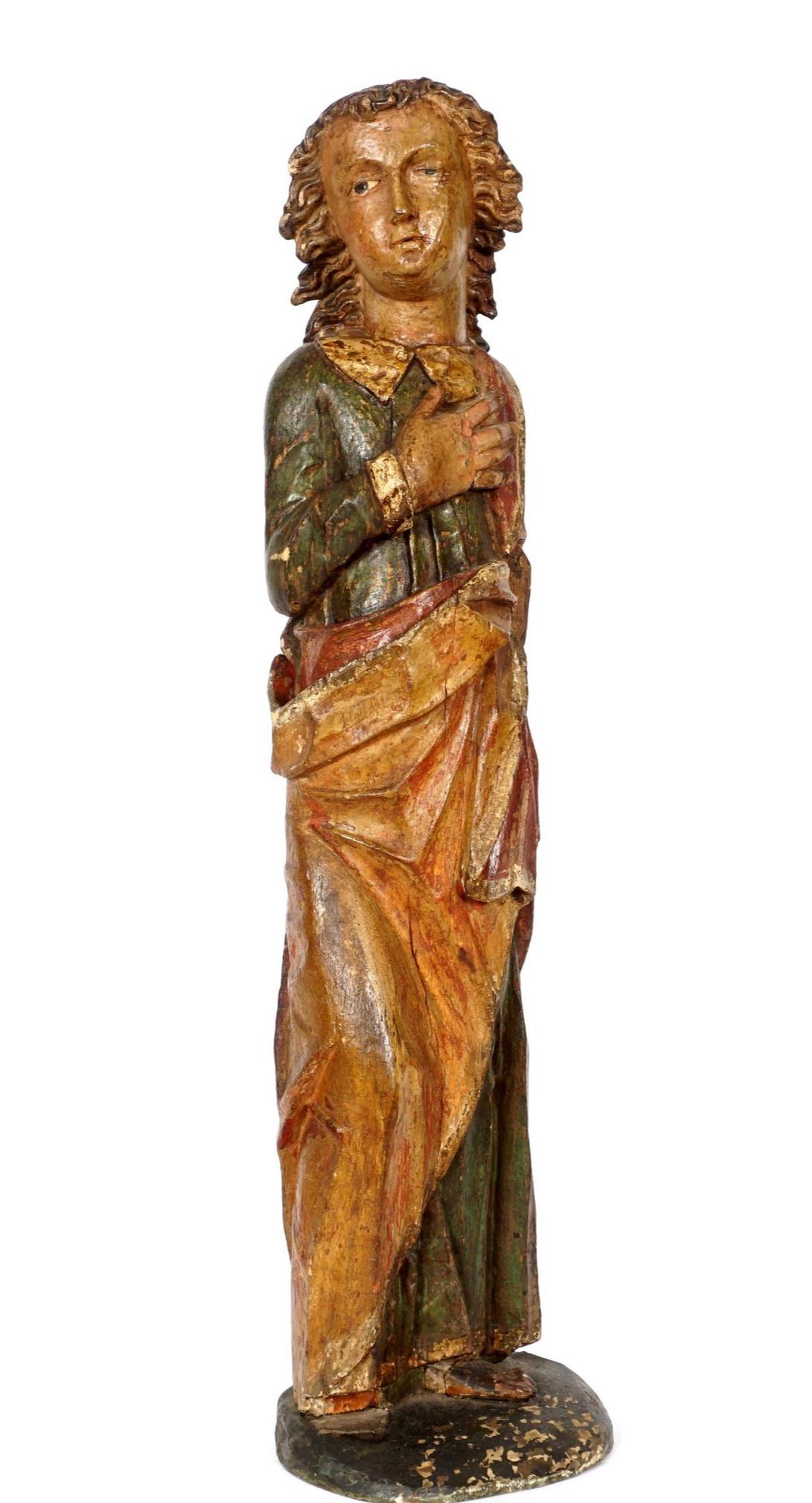 Wood Pair 16th Century Carved Polychrome Figures Virgin Mary and St-John