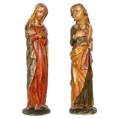 Antique Pair 16th Century Carved Polychrome Figures Virgin Mary and St-John