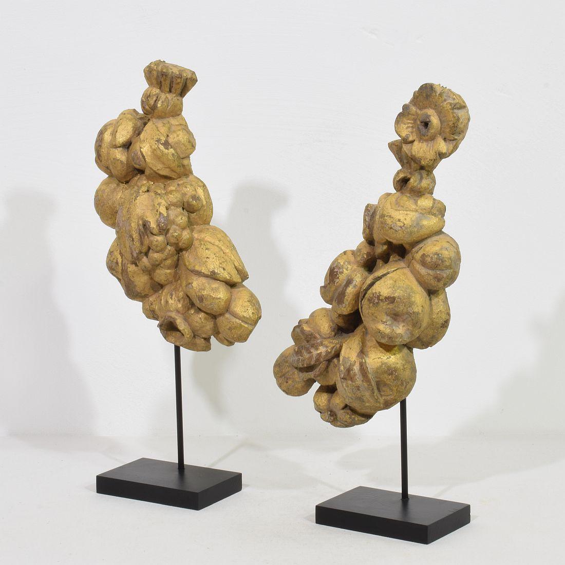 Merveilleuse paire de deux ornements baroques en chêne doré,
France, vers 1650-1750. Usures et petites pertes. La mesure ci-dessous est celle de la plus grande et comprend la base en bois.