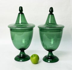 Pair 17.5" Italian 1960s Emerald Green Glass Apothecary Jars, Gio Ponti Style