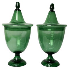 Pair 17.5" Italian 1960s Emerald Green Glass Apothecary Jars, Gio Ponti Style