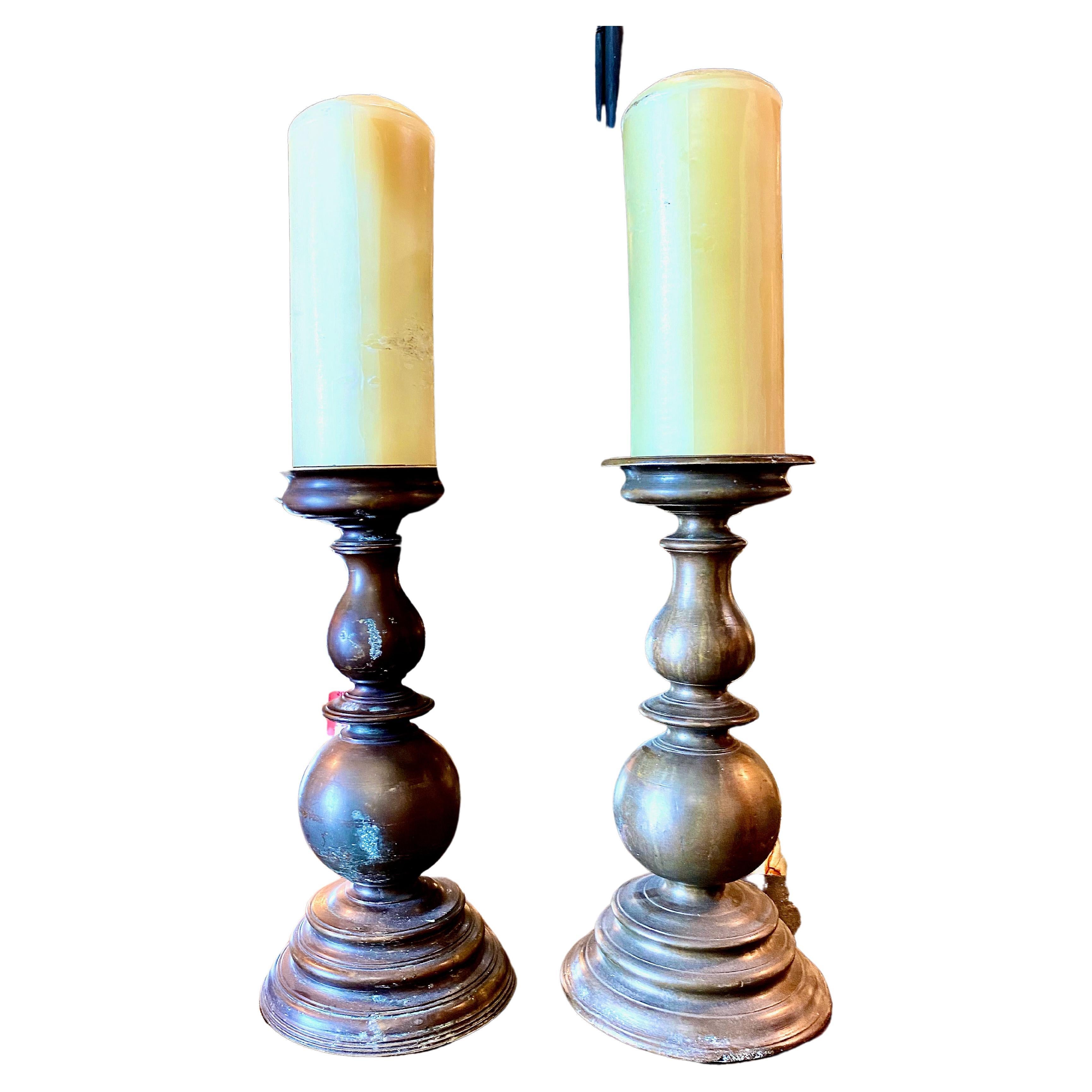 Pair 17th C. Italian Bronze Prickets or Candleholders For Sale