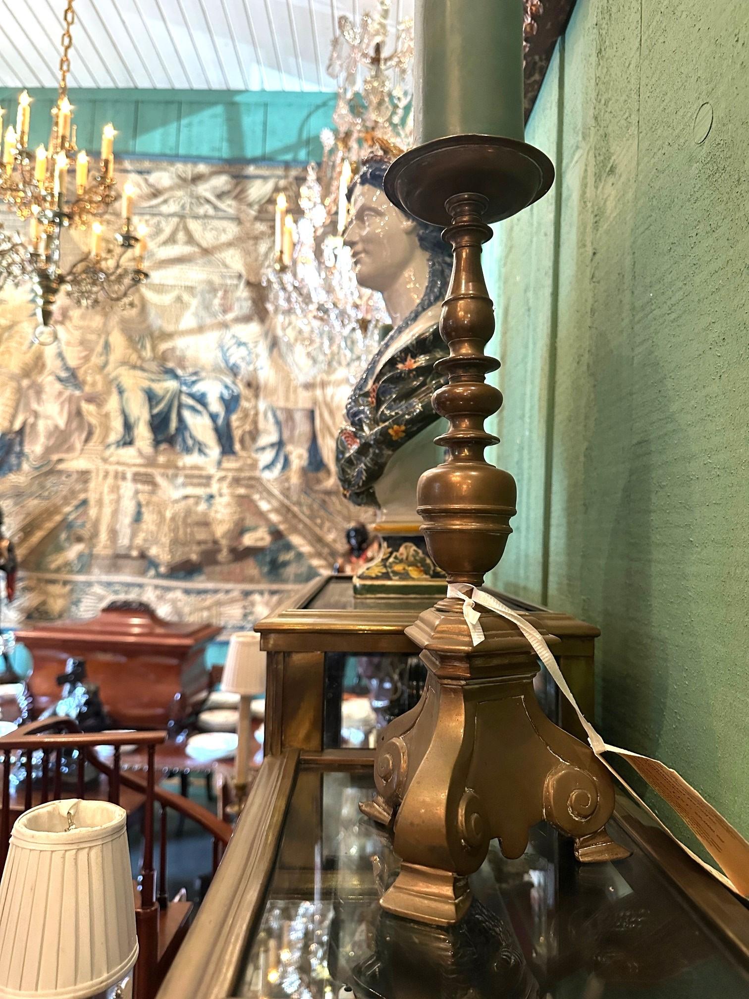 Pair 17th Century Candlesticks Candle Holder Light in Brass Antique Gift Object For Sale 4