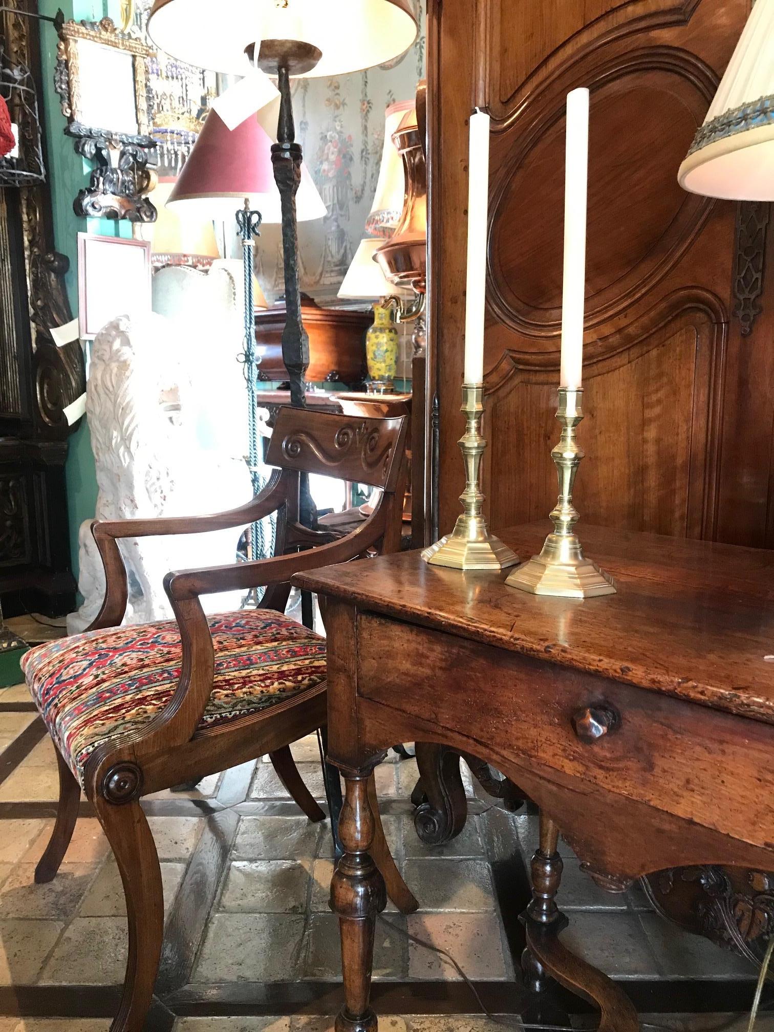 Pair 17th C. Candlesticks Candle Holder Light in Brass Antique Gift Object LA CA . A very beautiful simple pair of 17th century Louis XIII Period candleholders Candlesticks in brass. The mirroring work with the multiple layers and lines from the