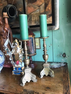 Pair 17th Century Candlesticks Candle Holder Light in Brass Antique Gift Object