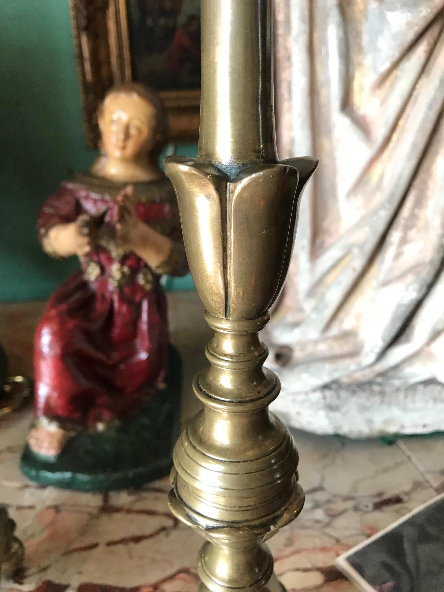 European Pair 17th Century Candlesticks Candleholder Light in Brass Gift Object Antiques For Sale