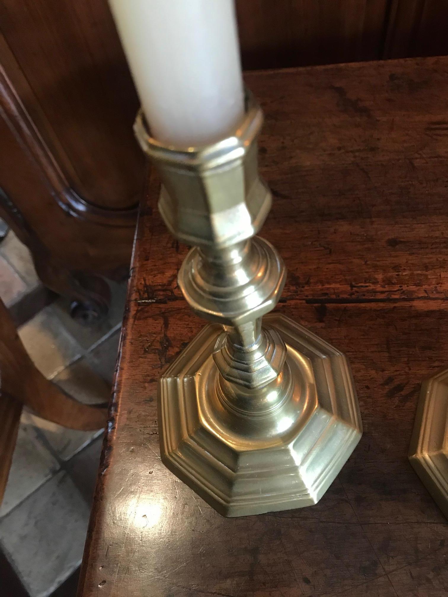 Hand-Crafted Pair 17th C. Candlesticks Candle Holder Light in Brass Antique Gift Object LA CA For Sale