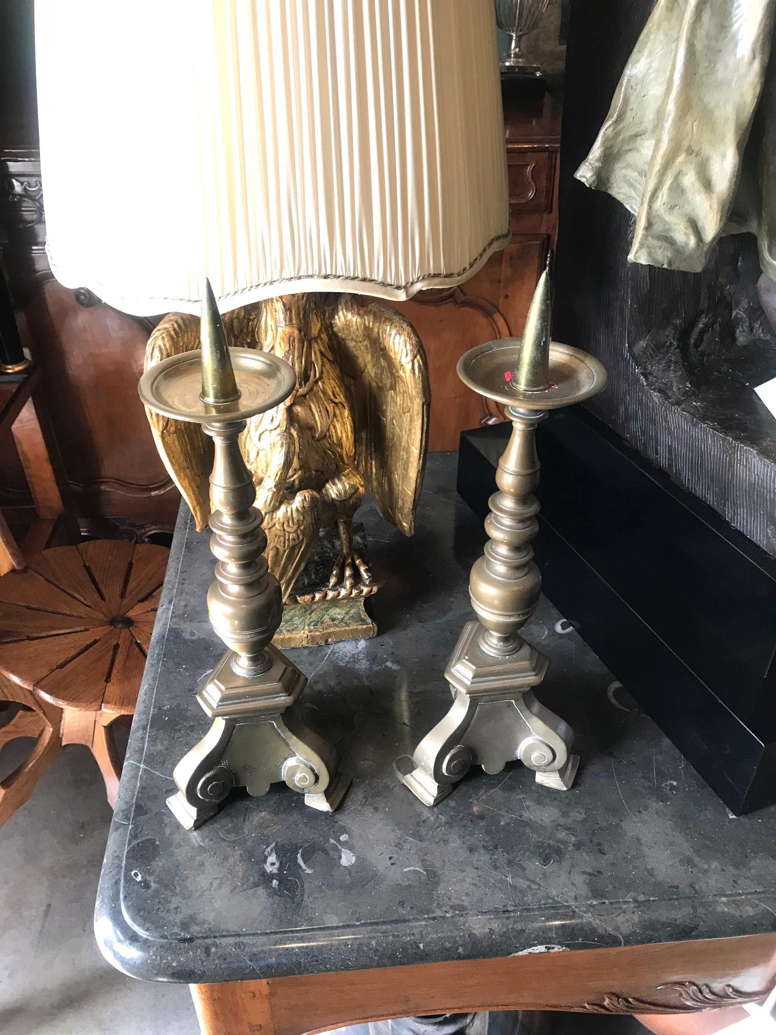 18th Century and Earlier Pair 17th Century Candlesticks Candle Holder Light in Brass Antique Gift Object For Sale