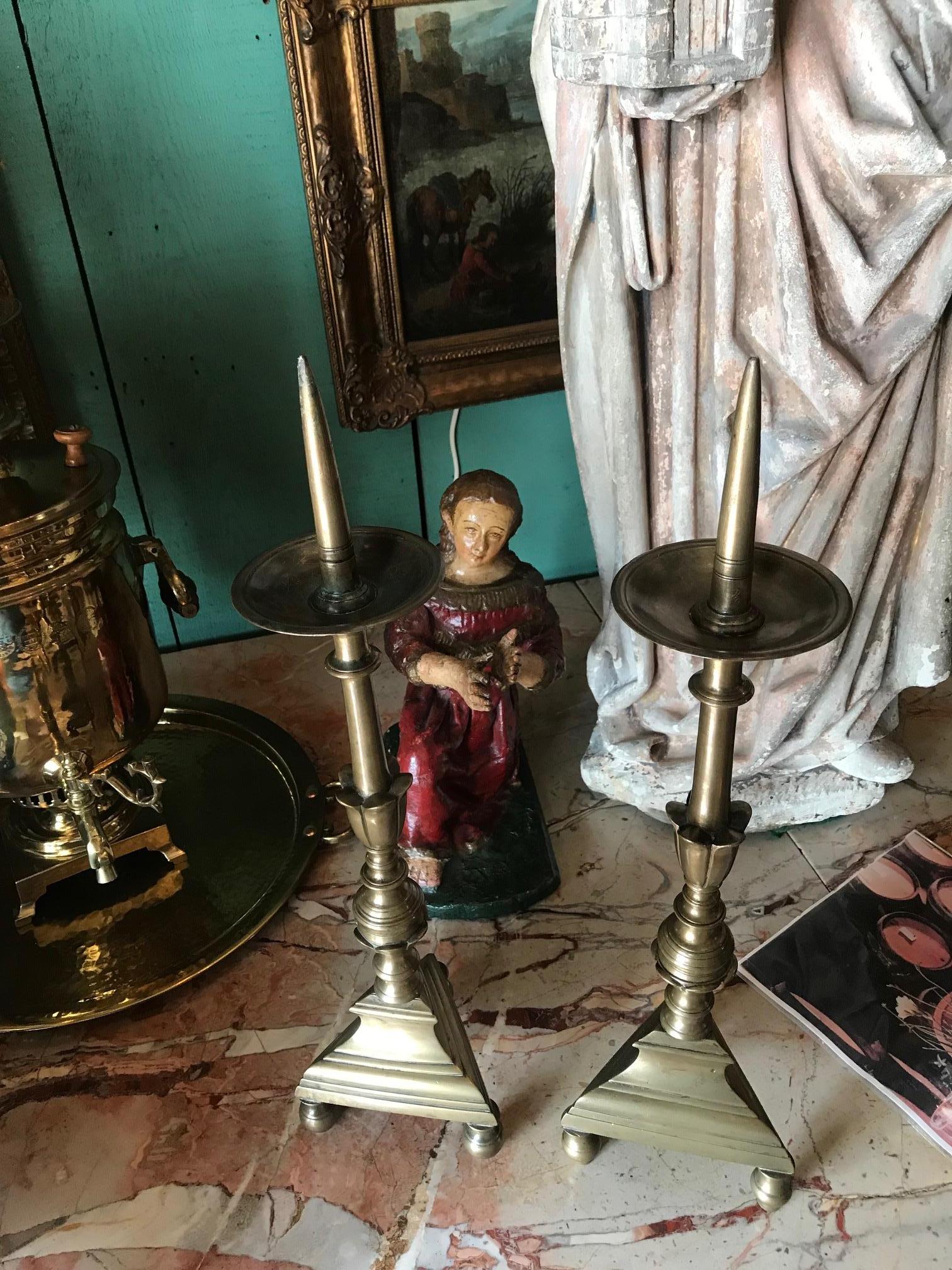 18th Century and Earlier Pair 17th Century Candlesticks Candleholder Light in Brass Gift Object Antiques For Sale