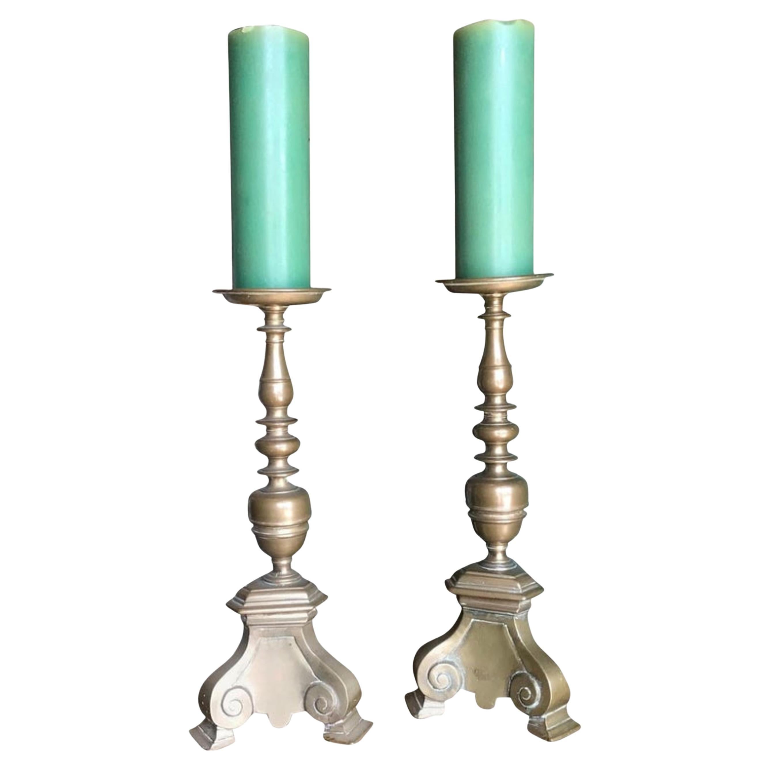 Pair 17th Century Candlesticks Candle Holder Light in Brass Antique Gift Object For Sale