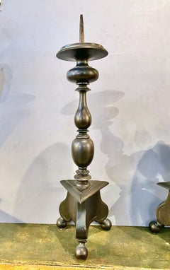 Pair Tall Antique Italian Bronze 17th Century Candlesticks