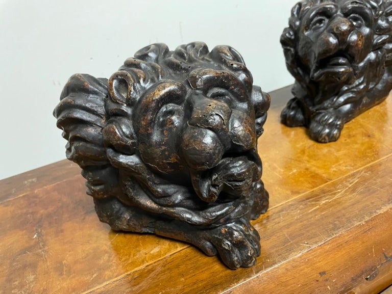 Pair 17th Century Dutch Baroque Carved Wood Lions For Sale at 1stDibs
