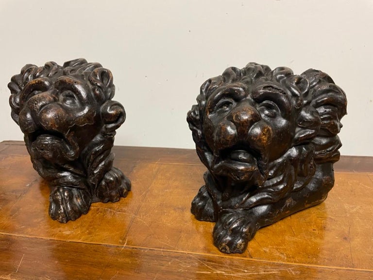 Pair 17th Century Dutch Baroque Carved Wood Lions For Sale at 1stDibs