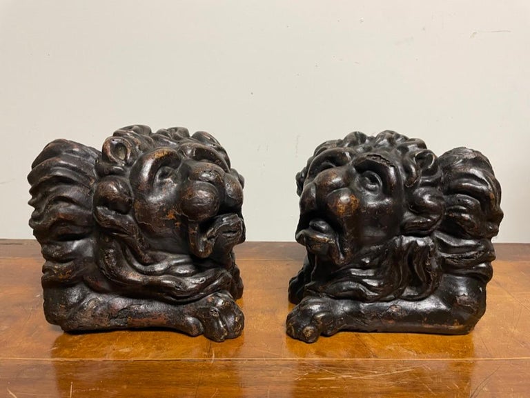 Pair 17th Century Dutch Baroque Carved Wood Lions For Sale at 1stDibs