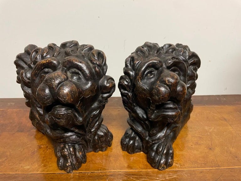 Pair 17th Century Dutch Baroque Carved Wood Lions For Sale at 1stDibs