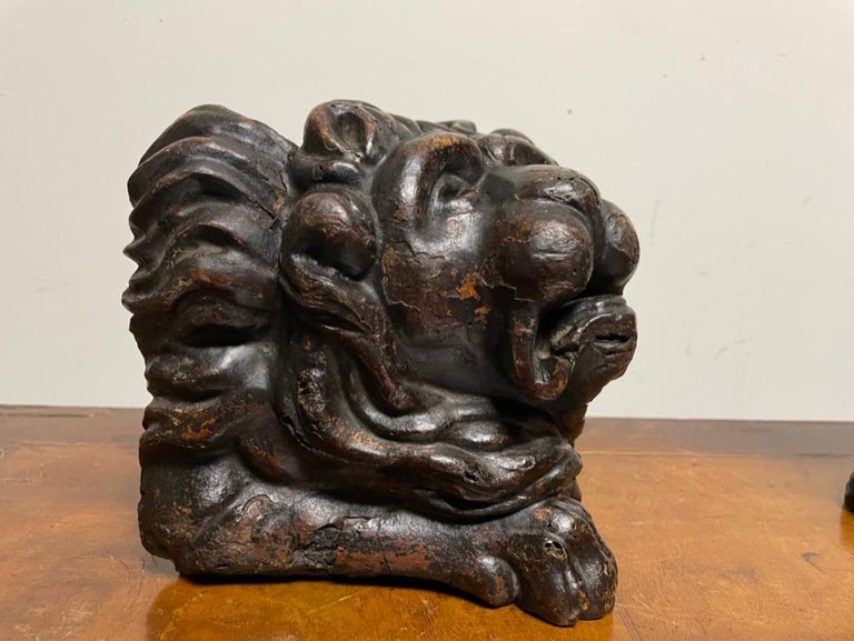 Pair 17th Century Dutch Baroque Carved Wood Lions For Sale at 1stDibs