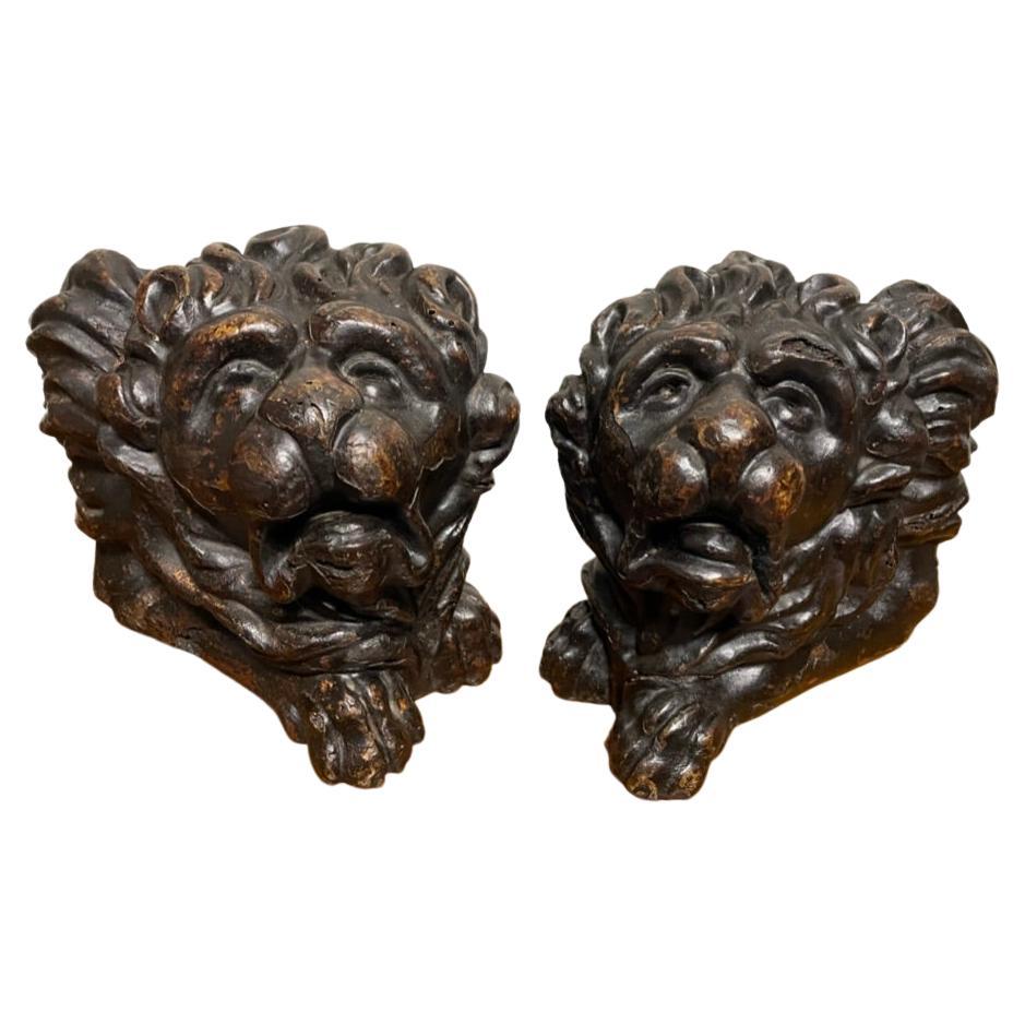 Pair 17th Century Dutch Baroque Carved Wood Lions