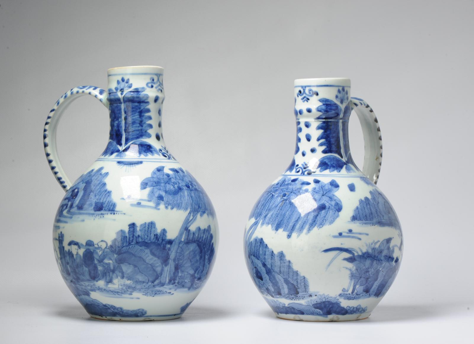 Description
Sharing with you a very nice examples of the Edo period. Made in Arita late 17th c. With sublime cobalt blue colours and painting. Both with figural landscape scene.

Condition
Jug 1 with hairline around upper handle and frit to rim.
