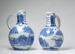 Pair 17th century Japanese Porcelain Figural Jugs Blue White Dish Antique