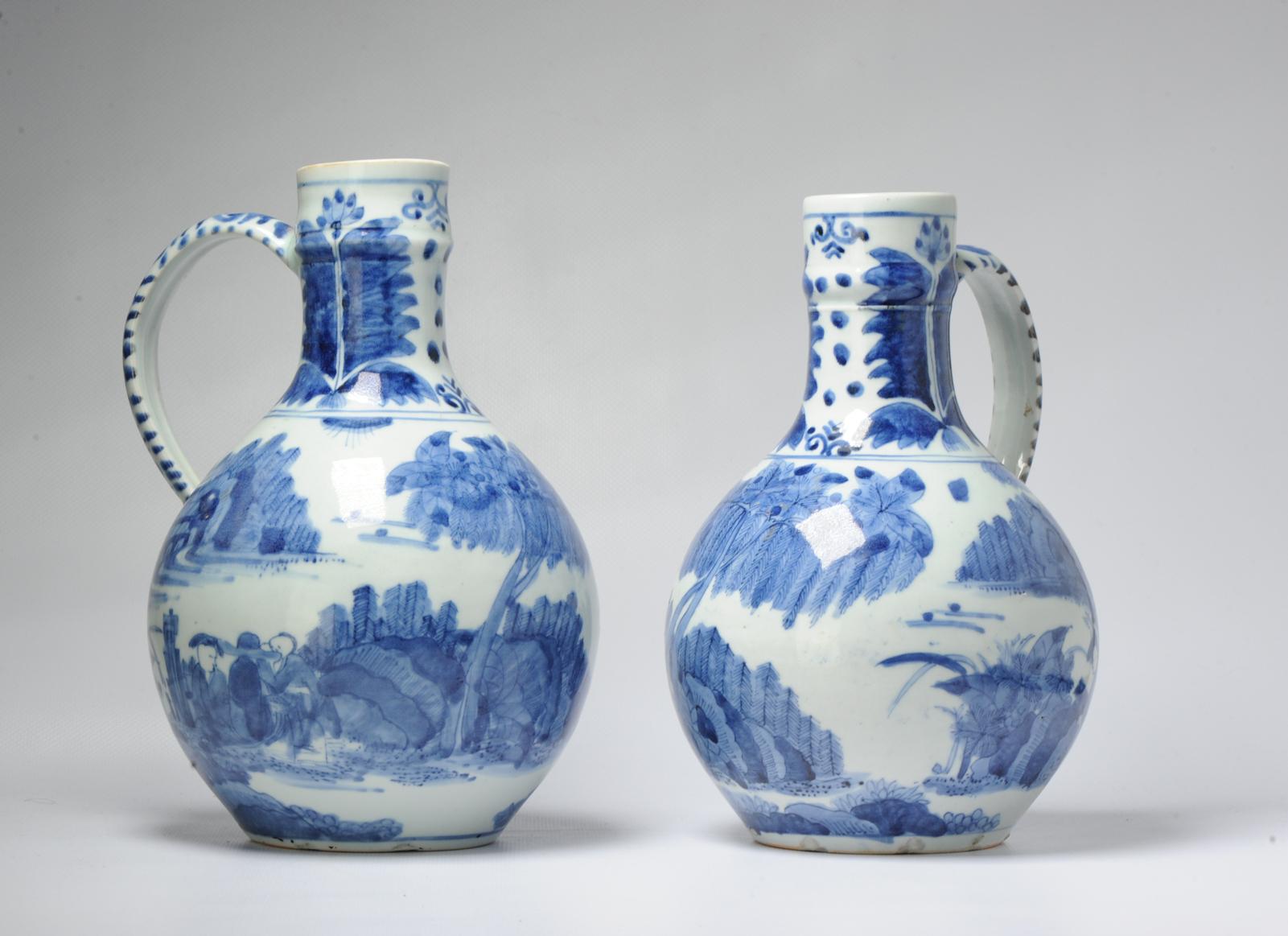 Edo Pair 17th century Japanese Porcelain Figural Jugs Blue White Dish Antique For Sale