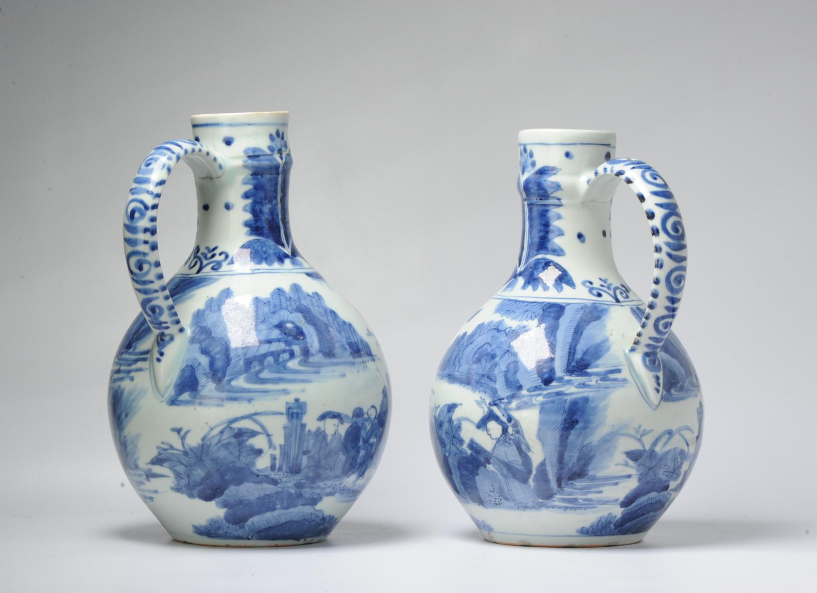 Pair 17th century Japanese Porcelain Figural Jugs Blue White Dish Antique For Sale 1