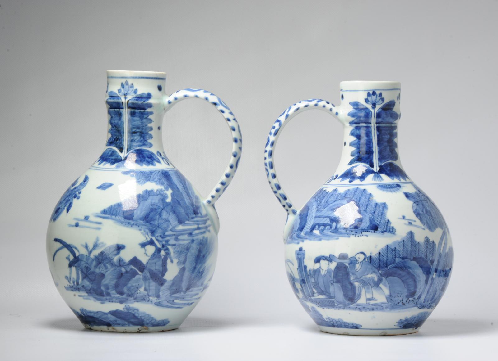 Pair 17th century Japanese Porcelain Figural Jugs Blue White Dish Antique For Sale 4