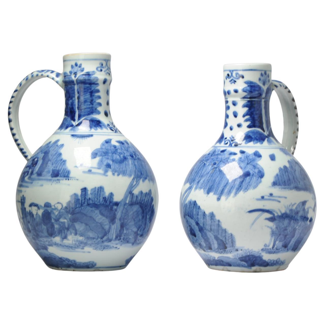 Pair 17th century Japanese Porcelain Figural Jugs Blue White Dish Antique For Sale