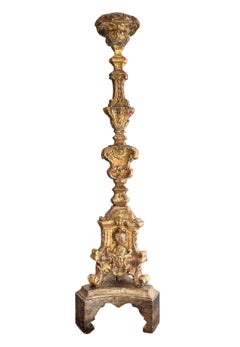 Pair 17th Century Large Italian Baroque Gilded Carved Candlesticks Torcheres