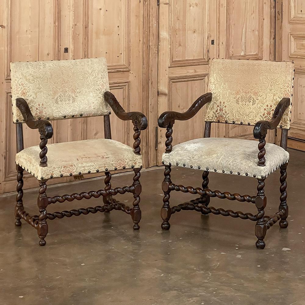 French Pair 17th Century Louis XIII Barley Twist Armchairs For Sale