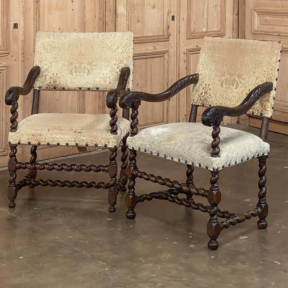 Hand-Crafted Pair 17th Century Louis XIII Barley Twist Armchairs For Sale