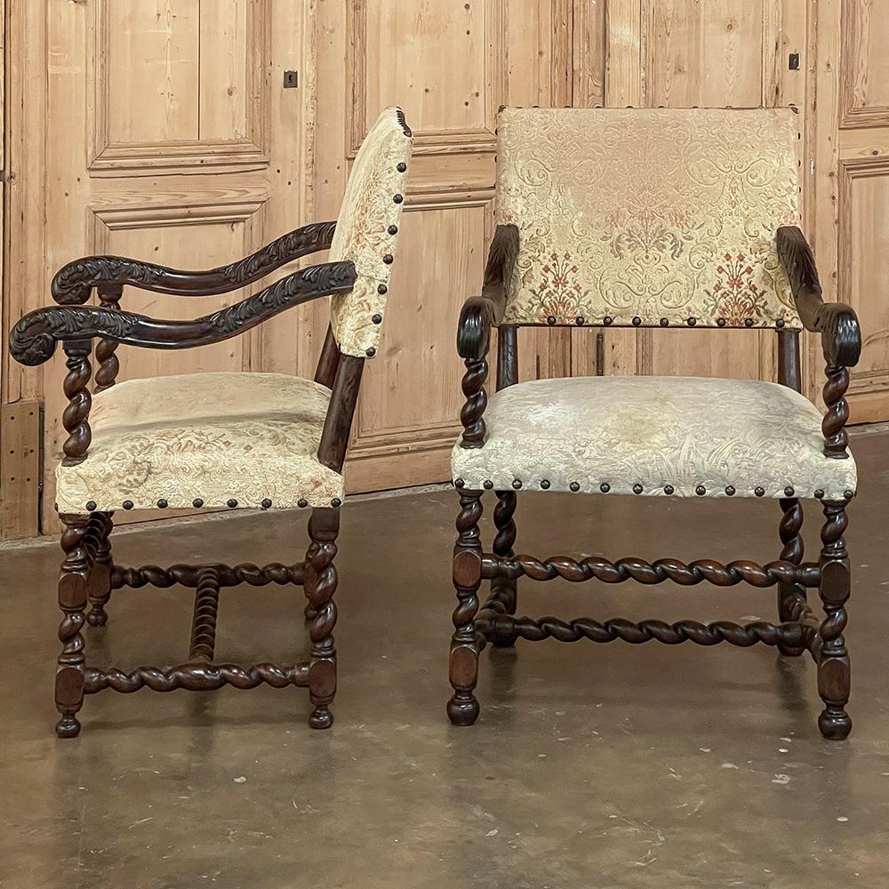 Pair 17th Century Louis XIII Barley Twist Armchairs In Good Condition For Sale In Dallas, TX