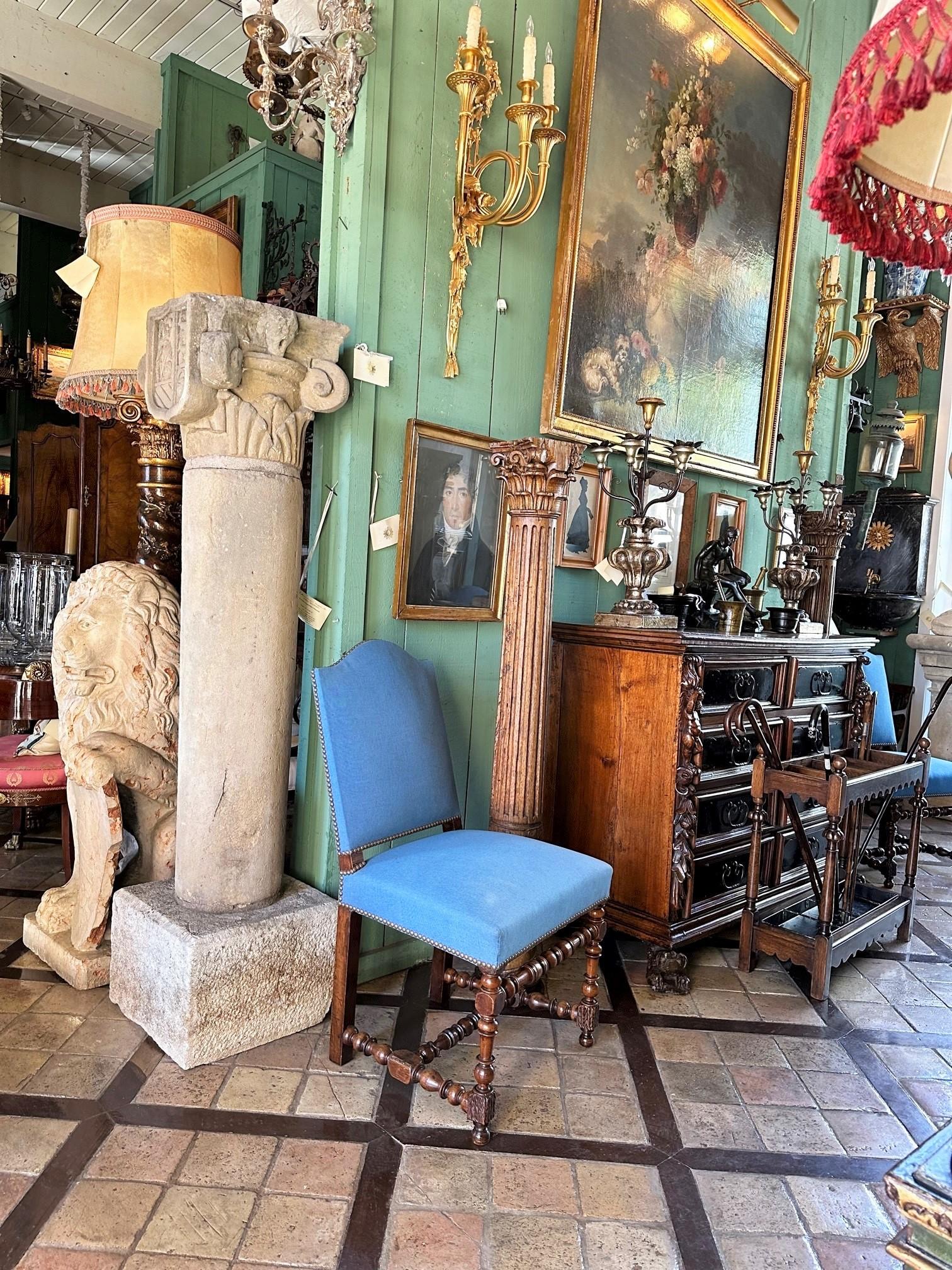 Pair 17th Century Louis XIII Period Dining Room Side Hallway Chairs Hand Carved. Three pairs available or a set of six chairs of the 17th century French carved walnut armchair Louis XIII of the period with handsomely turned front legs and