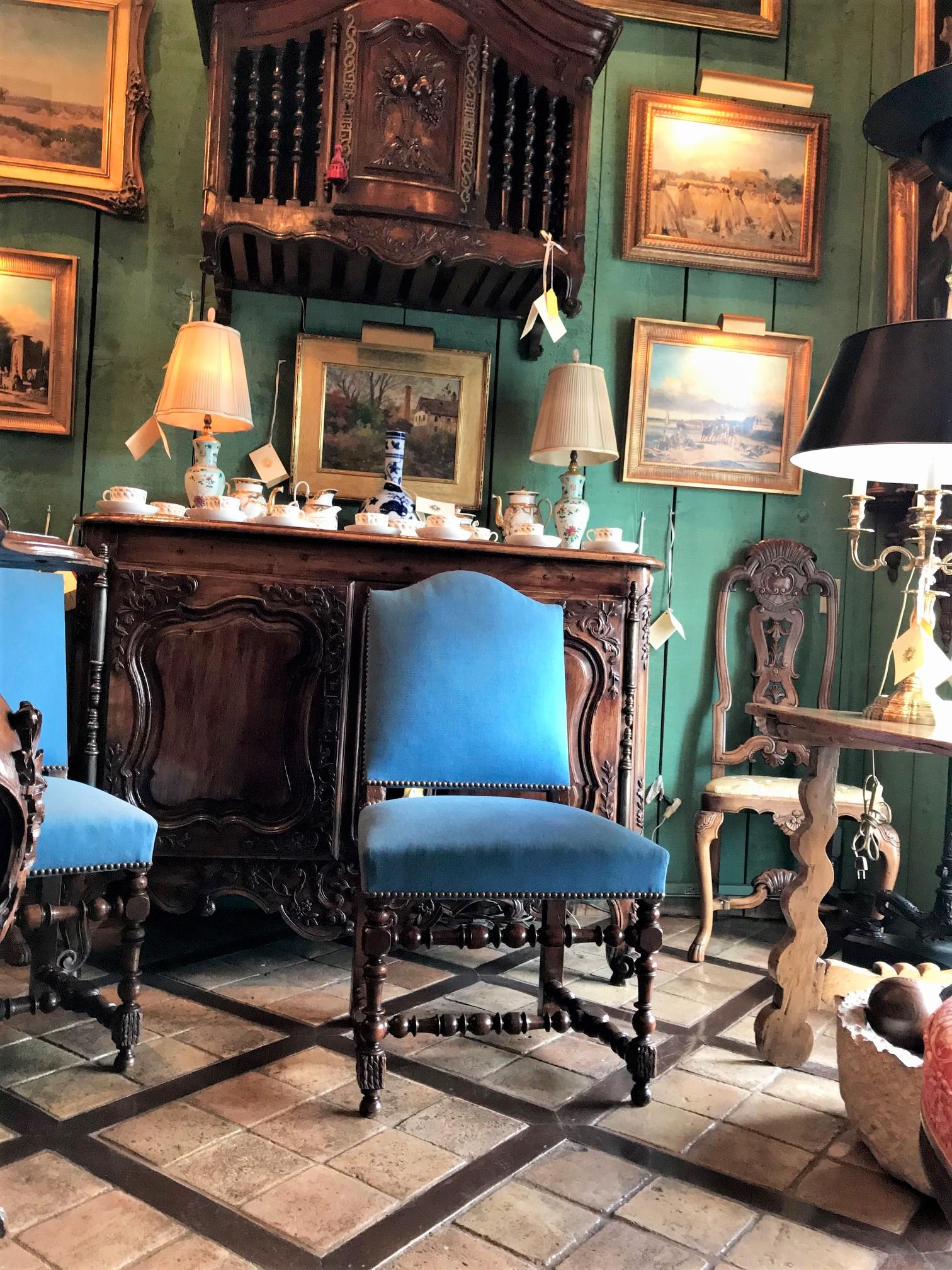 French Pair 17th Century Louis XIII Period Dining Room Side Hallway Chairs Hand Carved For Sale