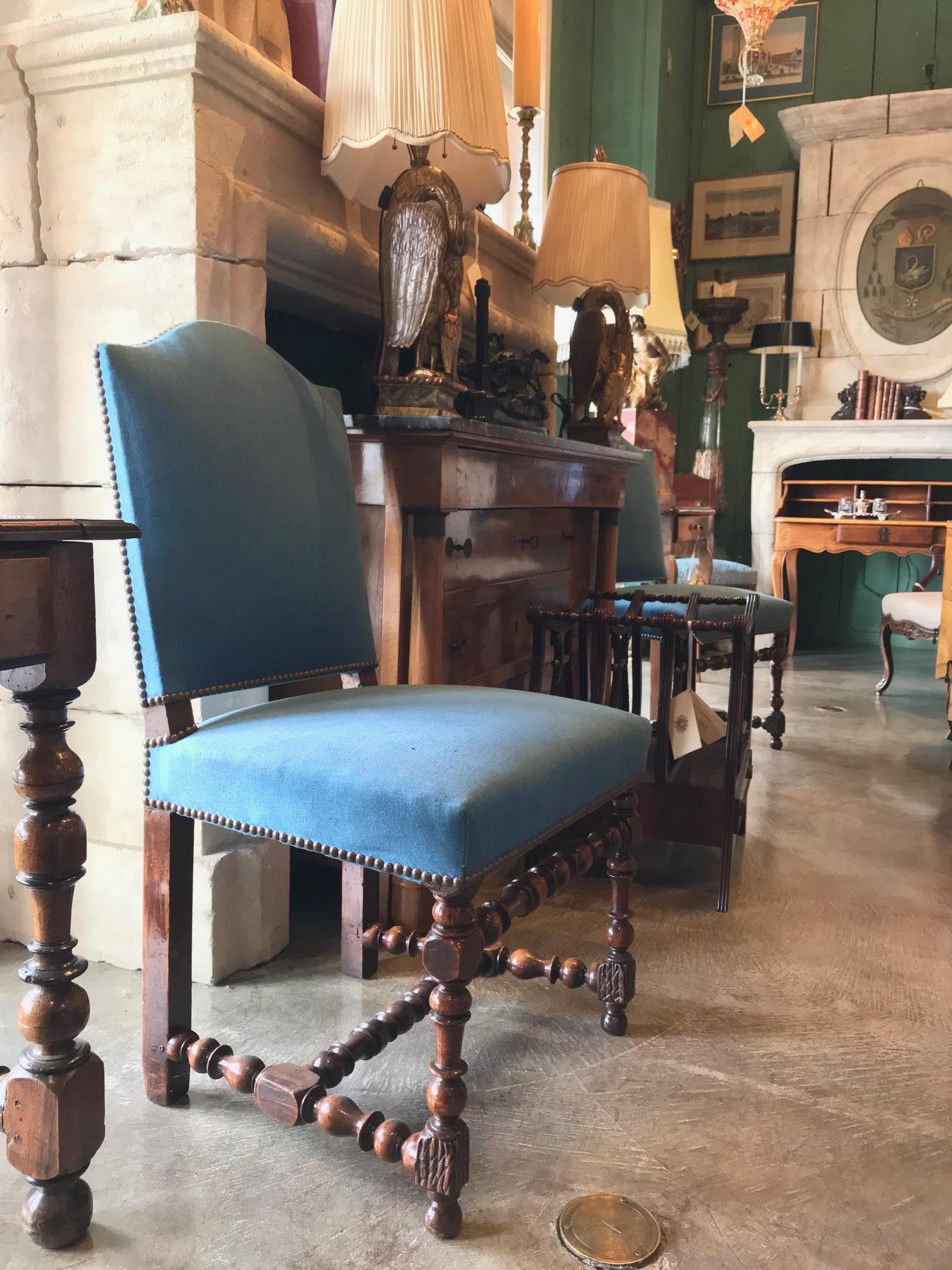 Pair 17th Century Louis XIII Period Dining Room Side Hallway Chairs Hand Carved For Sale 1