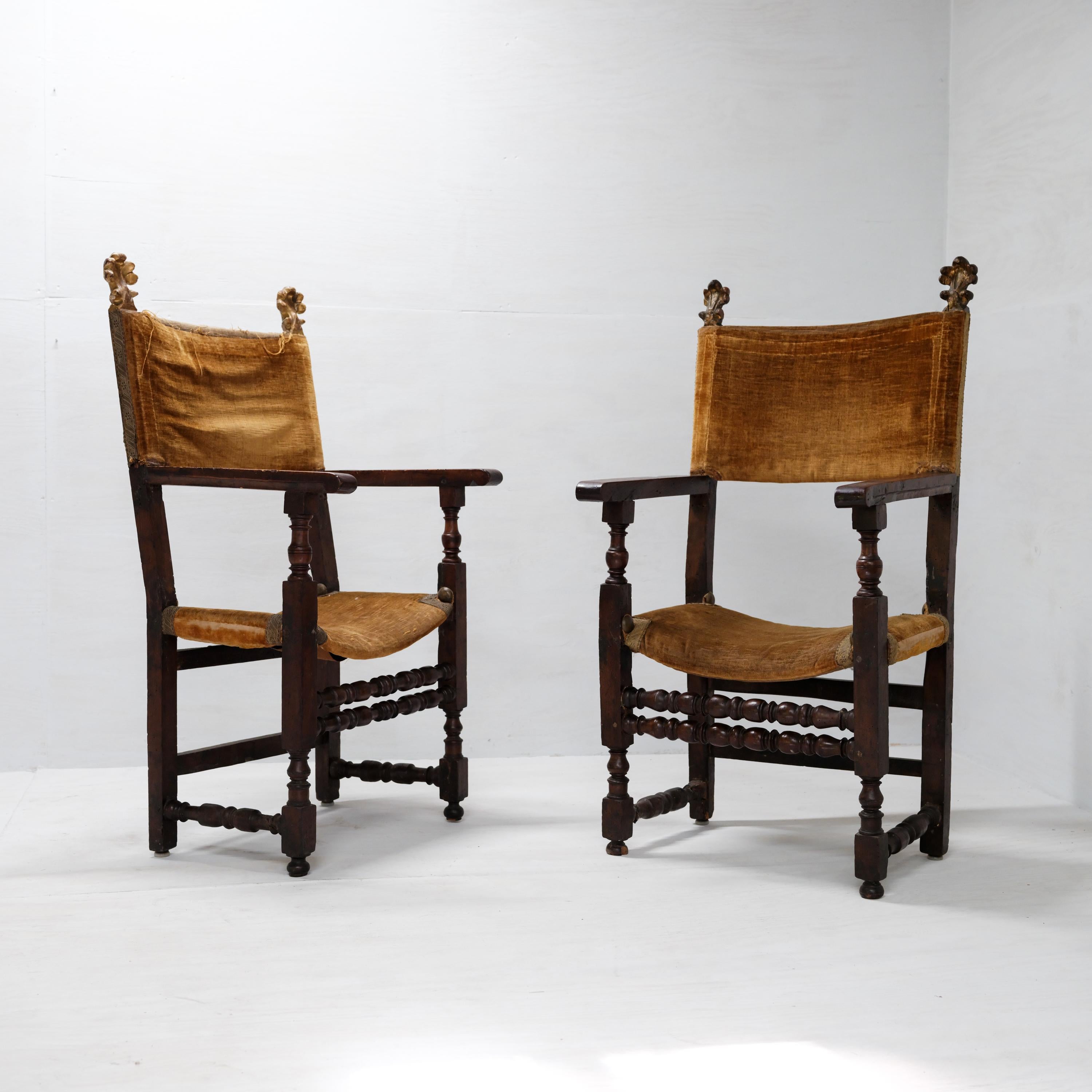 Pair, 17th Century Spanish Armchairs, Hardwood, Velvet, Gilding 14