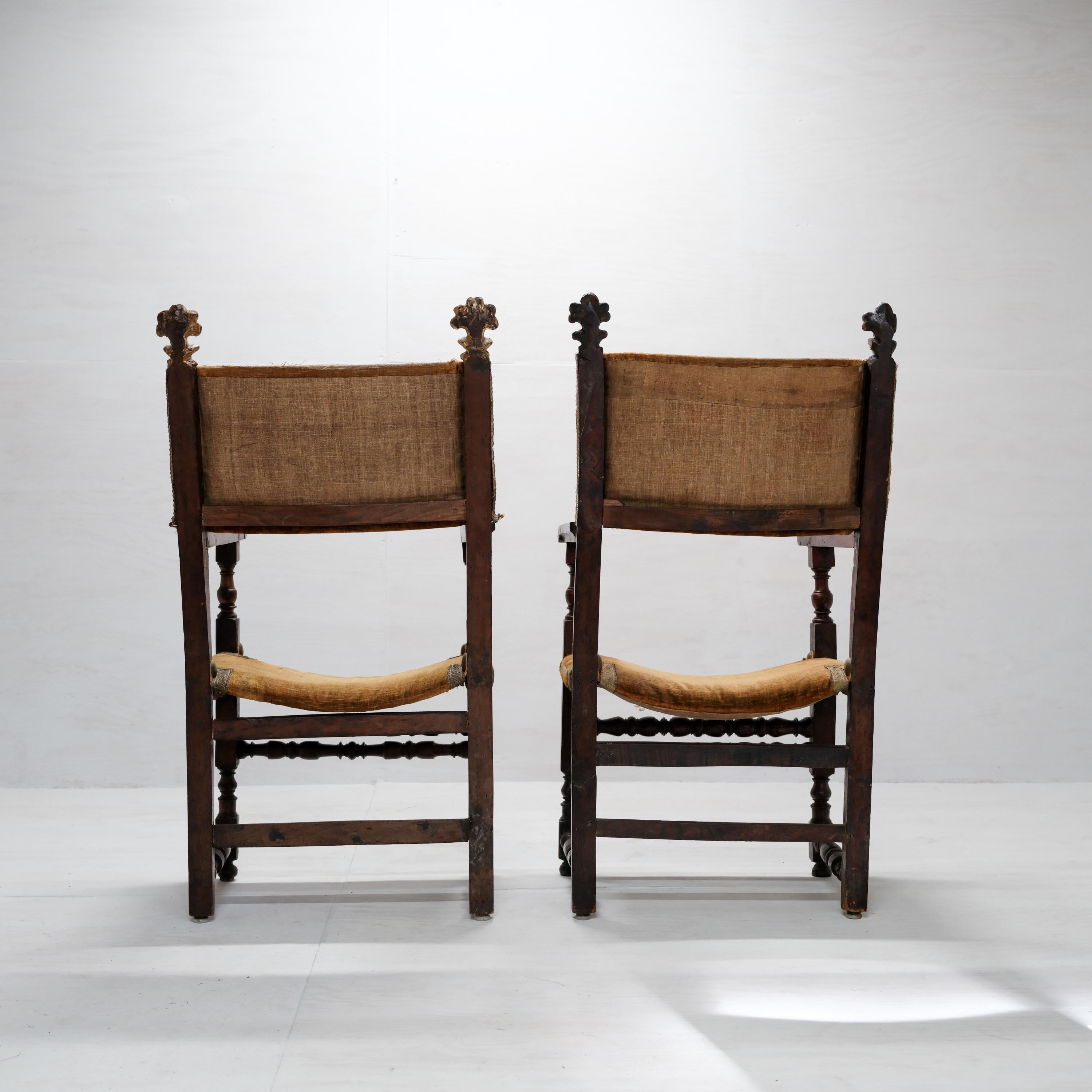 Baroque Pair, 17th Century Spanish Armchairs, Hardwood, Velvet, Gilding