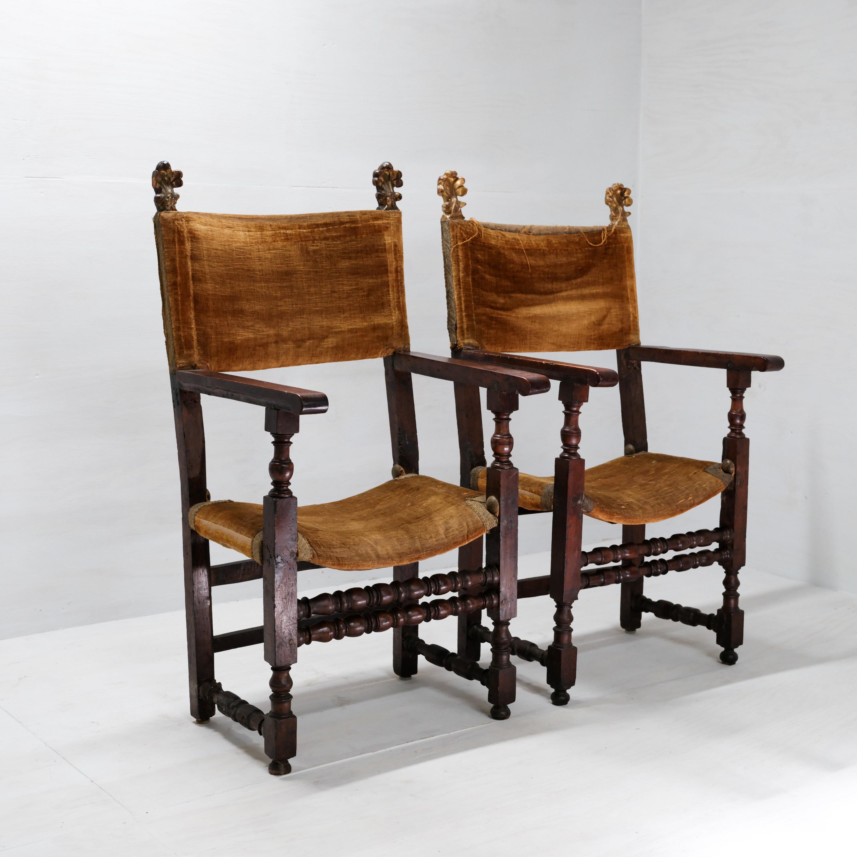 Hand-Carved Pair, 17th Century Spanish Armchairs, Hardwood, Velvet, Gilding