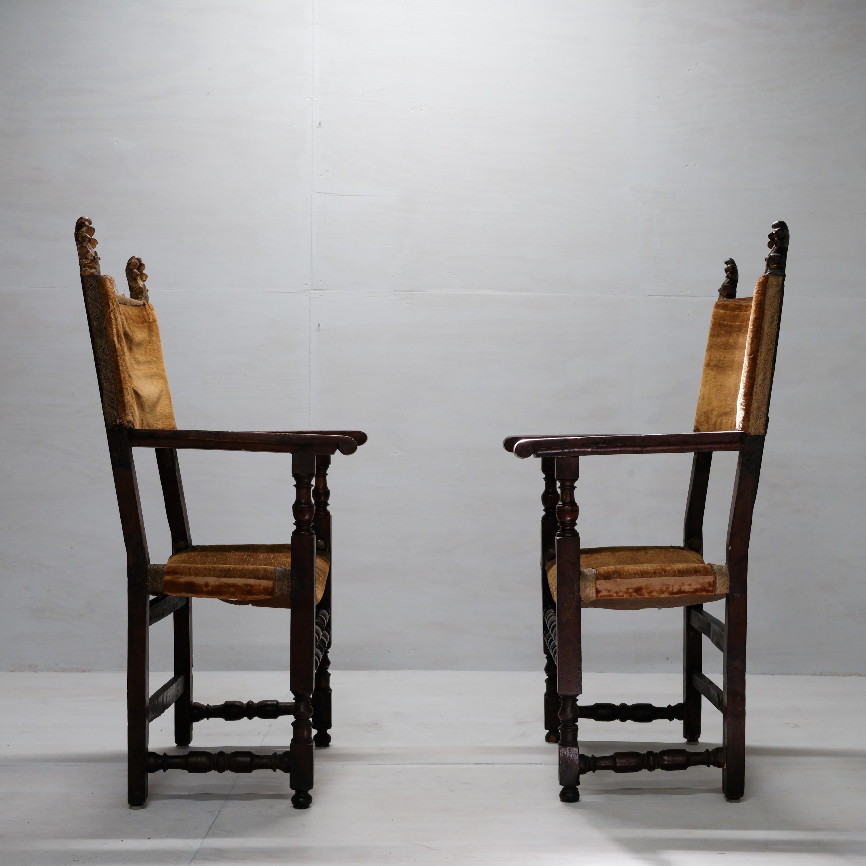Pair, 17th Century Spanish Armchairs, Hardwood, Velvet, Gilding In Distressed Condition In Southbury, CT