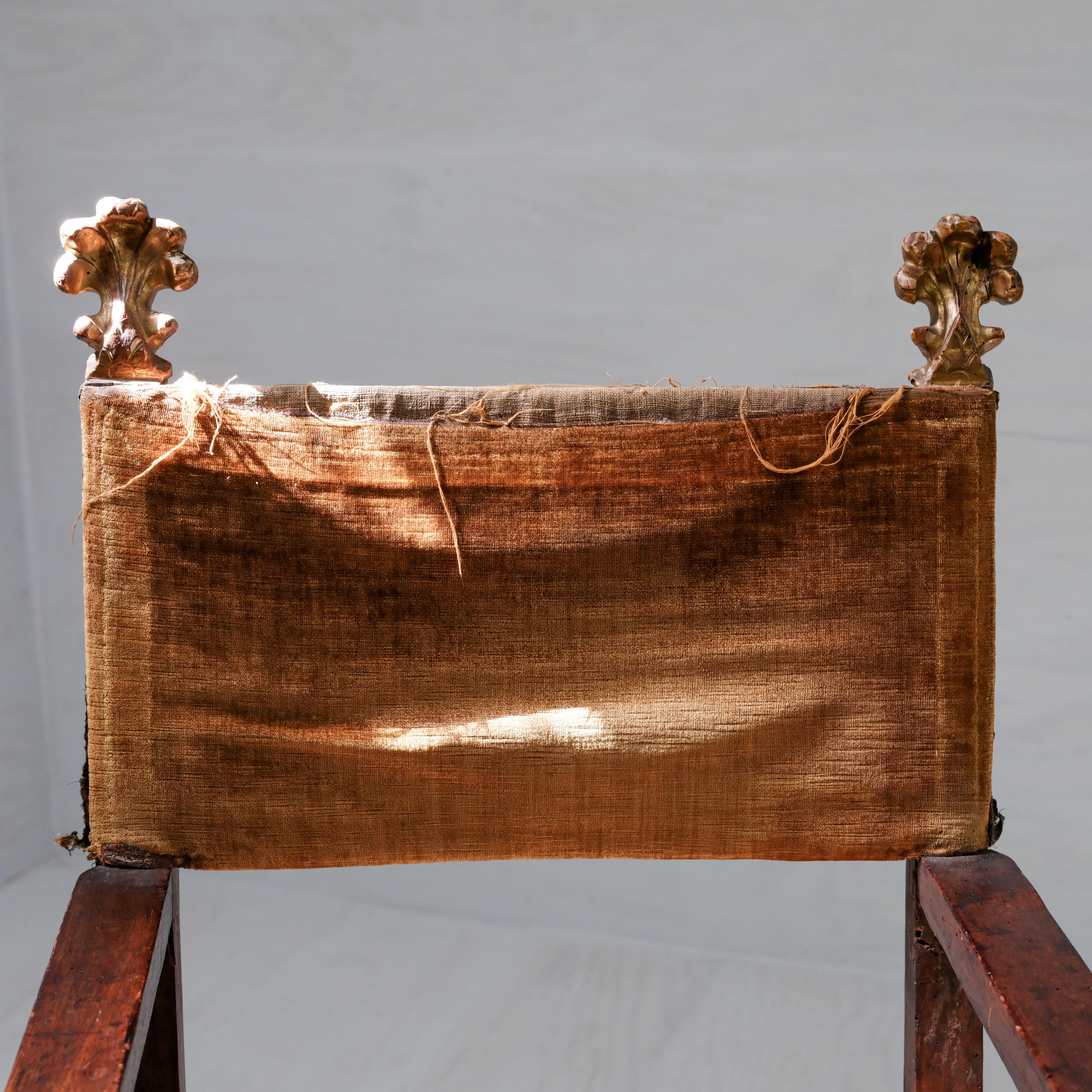 18th Century and Earlier Pair, 17th Century Spanish Armchairs, Hardwood, Velvet, Gilding