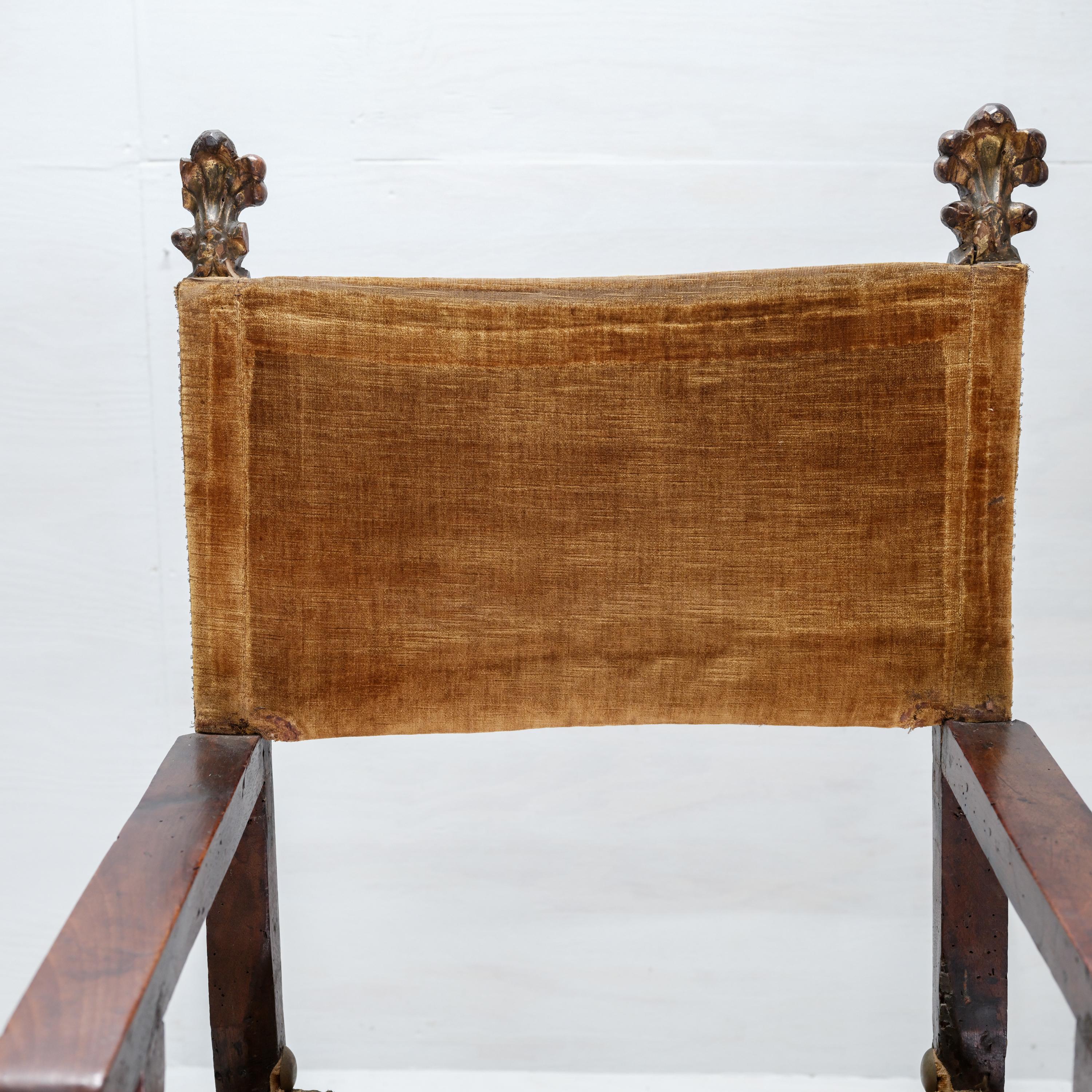 Pair, 17th Century Spanish Armchairs, Hardwood, Velvet, Gilding 3