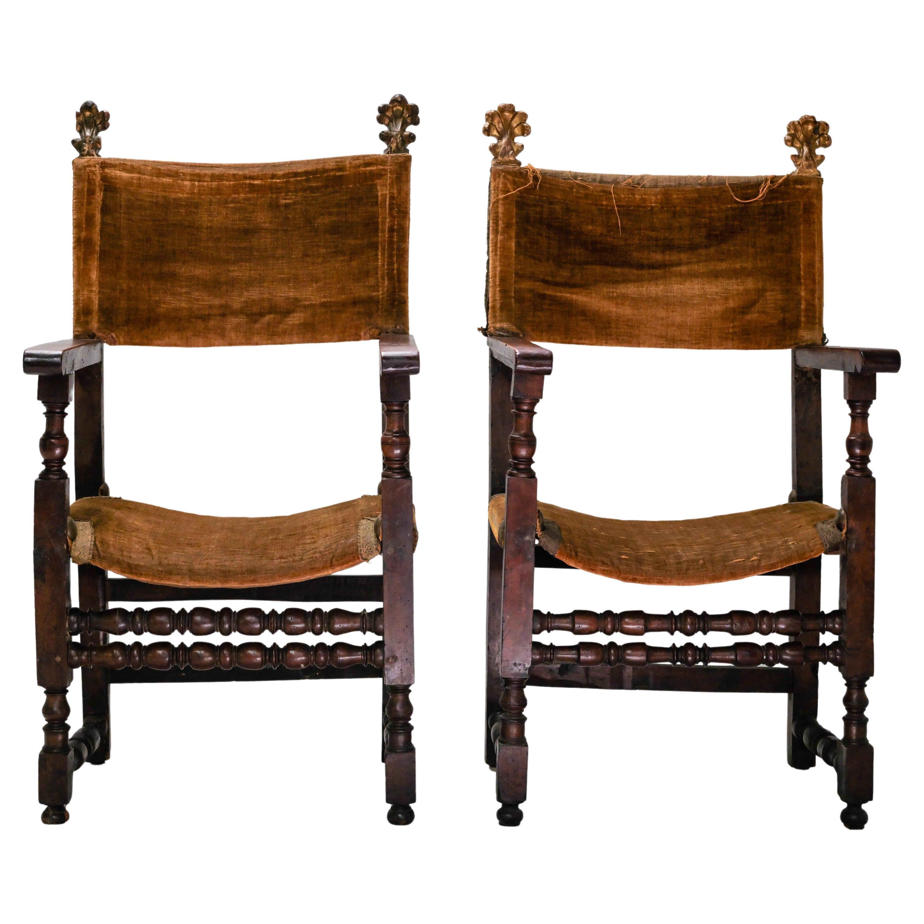 Pair, 17th Century Spanish Armchairs, Hardwood, Velvet, Gilding