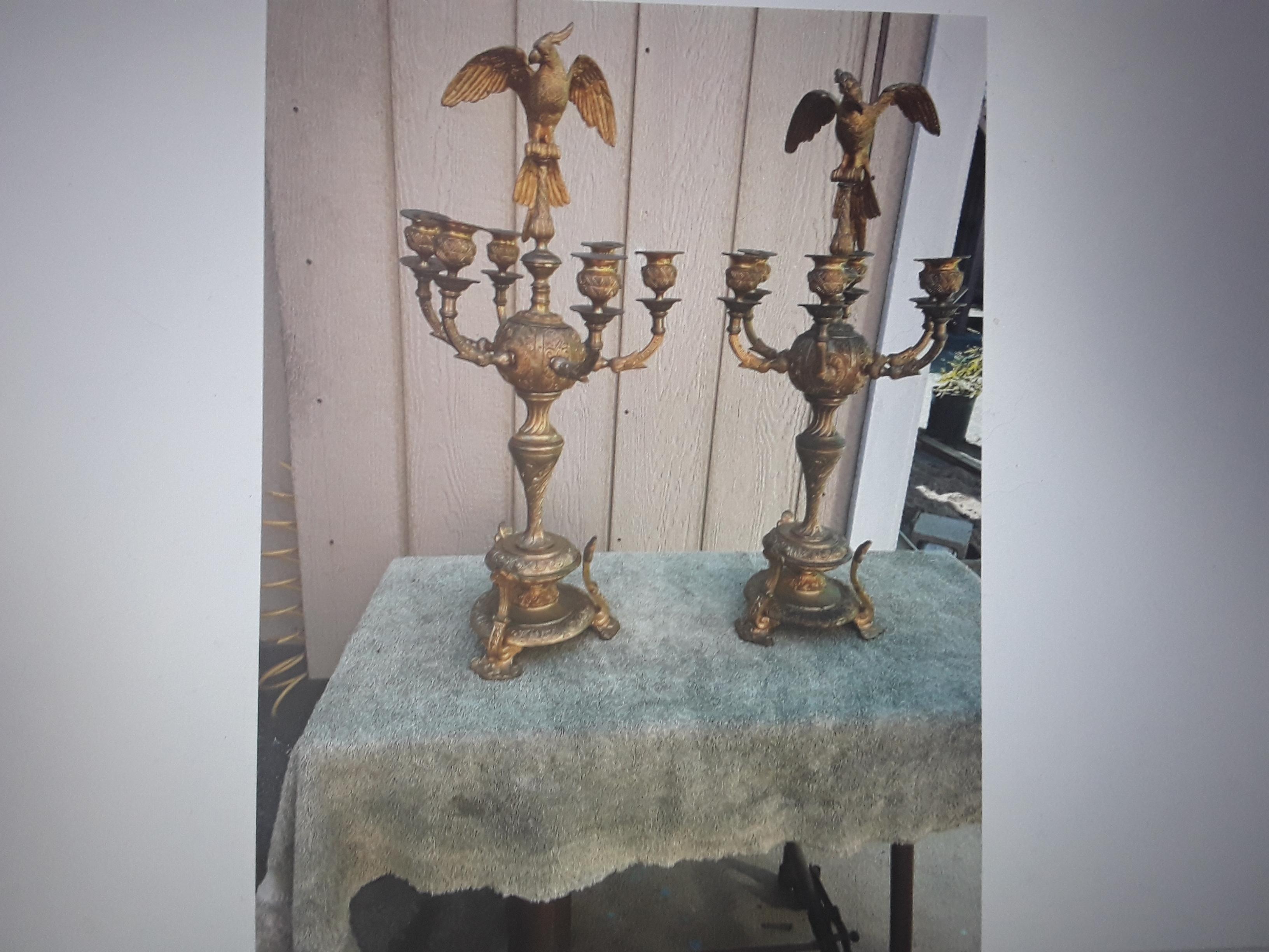 Pair 18/19thc XL French Gilt Bronze Opposing Face Parrot Candelabra C. Cressent? For Sale 6